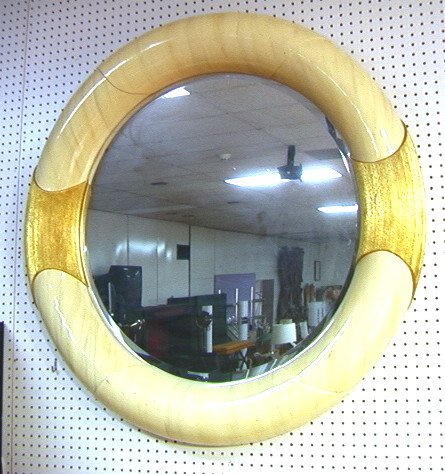 Karl Springer Style Decorative Lacquered Round Mirror: Decorative Round Wall Mirror. Thick Lacquered Cream Frame with Gilt Accent Trim. Beveled round mirror. Springer style.-- Dimensions: H: 42 inches: W: 42 inches ---