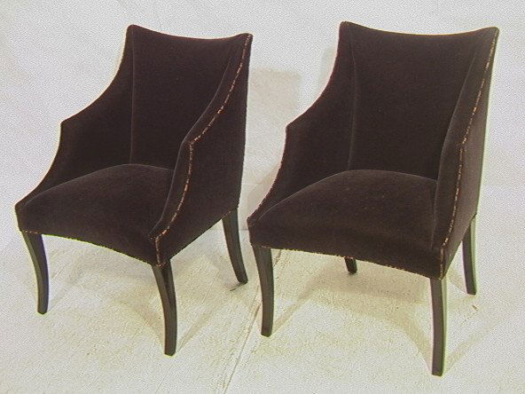 Pr DONGHIA for JOHN HUTTON Black Mohair Side Chai: Pr DONGHIA for JOHN HUTTON Black Mohair Side Chairs. Black Upholstered Chairs with Contrasting Piping. Tapered saber legs. Marked. 2 pcs.-- Dimensions: H: 34.5 inches: W: 26.25 inches: D: 25.5 inches