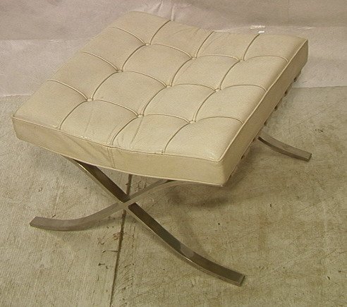 KNOLL Mies Van Der Rohe BARCELONA Stool. White Le: KNOLL Mies Van Der Rohe BARCELONA Stool. White Leather Cushion on X Form Base. Bench. KNOLL Label.-- Dimensions: H: 14 inches: W: 24.5 inches: D: 22 inches ---
