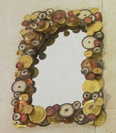 Jere style Rectangular Raindrop Mirror. Brutalist: Jere style Rectangular Raindrop Mirror. Brutalist style wall mirror with copper, brass and mixed metal discs. Unsigned. -- Dimensions: H: 33 inches: W: 20 inches: D: 5 inches ---