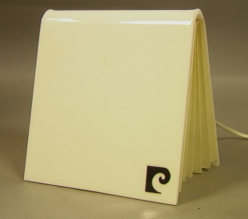 PIERRE CARDIN White Acrylic Book Form Lamp. Accor: PIERRE CARDIN White Acrylic Book Form Lamp. Accordion Folded Sides. Cardin Chrome logo.-- Dimensions: H: 8 inches: W: 8 inches: D: 6 inches --- US Shipping charge: $28