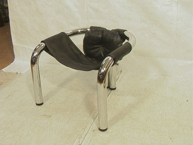 Byron Botker for Landes sling lounge chair: Byron Botker for Landes sling lounge chair .Thick Tubular Chrome Lounge Chair. Sling seat with back pillow cushion. 3" thick tubing. Unmarked.-- Dimensions: H: 26 inches: W: 34 inches: D: 31 inches --