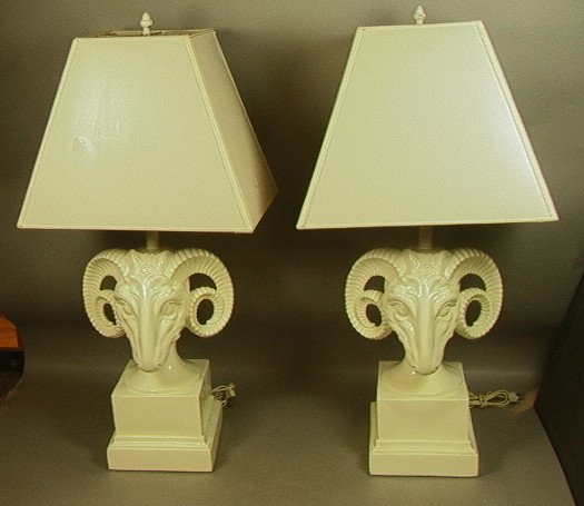 Pair Decorator Rams Head Table Lamps. White plas: Pair Decorator Rams Head Table Lamps. White plaster. -- Dimensions: H: 34 inches ---
