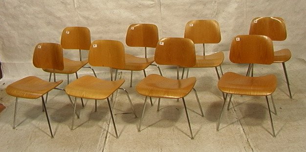 Set 8 Eames DCM Plywood Dining Chairs. HERMAN MIL: Set 8 Eames DCM Plywood Dining Chairs. HERMAN MILLER. Some with Herman Miller tag.-- Dimensions: H: 29.5 inches: W: 19.5 inches: D: 20 inches ---