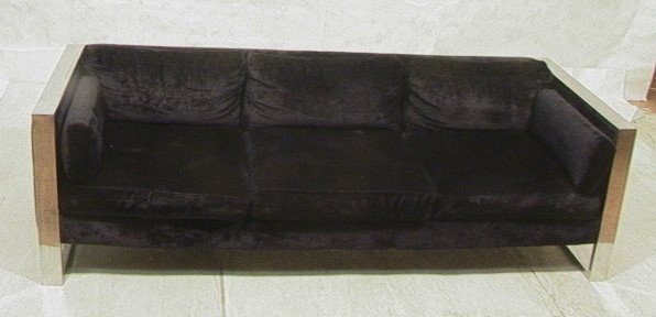 MILO BAUGHMAN style Sofa Couch. 3" wide flat chro: MILO BAUGHMAN style Sofa Couch. 3" wide flat chrome frame. Blue velvet upholstery.-- Dimensions: H: 26 inches: D: 34.5 inches: L: 85.25 inches ---