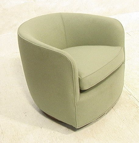 MILO BAUGHMAN Club Lounge Chair. Barrel Back on W: MILO BAUGHMAN Club Lounge Chair. Barrel Back on Wood Platform. Swivels and Rocks. Unmarked. -- Dimensions: H: 24.5 inches: W: 26 inches: D: 29 inches ---