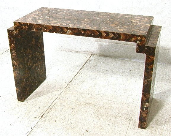 Enrique Garcel Tessellated Natural Horn Console table: Tessellated Natural Horn Console Hall Table. Stepped End Design. Marked Made in Columbia. -- Dimensions: H: 32 inches: D: 20 inches: L: 50 inches ---