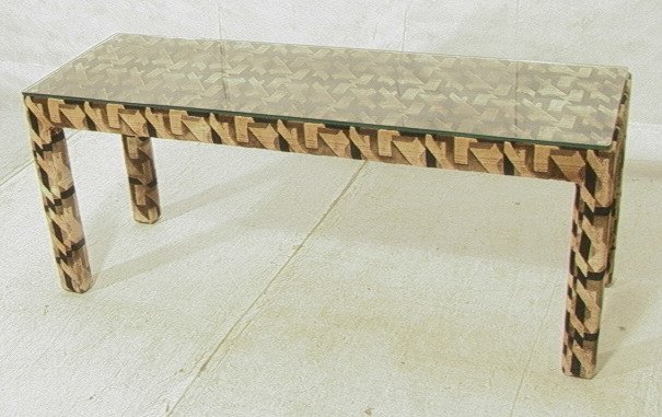 BAUGHMAN style Upholstered Console Hall Table. Pa: BAUGHMAN style Upholstered Console Hall Table. Patterned Brown & Black Upholstery with 1/2" Thick Glass.-- Dimensions: H: 24.5 inches: D: 20 inches: L: 60 inches ---