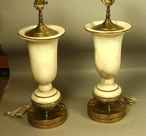 Pr Alabaster Urn Form Table Lamps. Pierced Metal: Pr Alabaster Urn Form Table Lamps. Pierced Metal Bases with Dolphin Feet. Brass trim. 2 pcs-- Dimensions: H: 23 inches: W: 8 inches ---