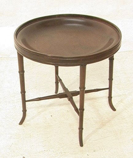 Round small wood side table. Faux bamboo frame. D: Round small wood side table. Faux bamboo frame. Deep concave wood top.-- Dimensions: H: 17 inches: W: 17 inches ---