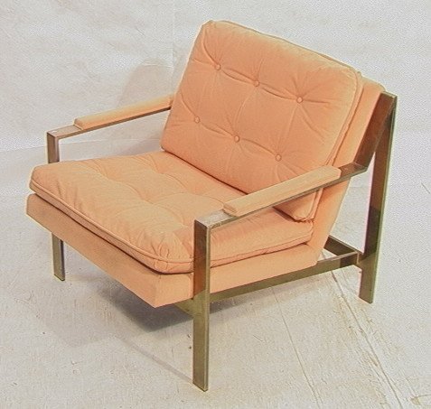 MILO BAUGHMAN Wide Chrome Frame Lounge Chair. Po: MILO BAUGHMAN Wide Chrome Frame Lounge Chair. Pointed Top Construction. Peach color Upholstery. -- Dimensions: H: 29 inches: W: 29.5 inches: D: 32 inches ---