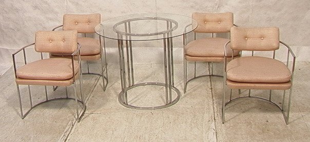 Milo Baughman Dinette Set. 4 Rounded back chairs: Milo Baughman Dinette Set. 4 Rounded back chairs and round table. Rare form chairs. Thin glass.-- Dimensions: ---