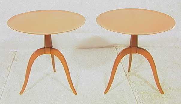 Pair Edward Wormley for Dunbar Tables. Round dis: Pair Edward Wormley for Dunbar Tables. Round dish top on three sabre legs. Metal tag.-- Dimensions: H: 26.5 inches: W: 27.75 inches ---