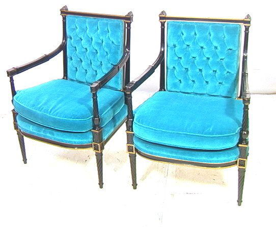 Pr MAISON JANSEN style Regency Side Chairs. Eboni: Pr MAISON JANSEN style Regency Side Chairs. Ebonized Lacquer Side Chairs. Tufted Intense Turquoise Velvet Upholstery. Ebonized Frames with Carved Decoration & Gilt Highlights. 2 pcs. -- Dimensions: H: