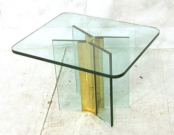 PACE Collection style Brass Glass Side Table. 3/4: PACE Collection style Brass Glass Side Table. 3/4" thick glass. Occasional table with X glass & brass base.-- Dimensions: H: 19.75 inches: W: 24 inches: D: 28 inches ---