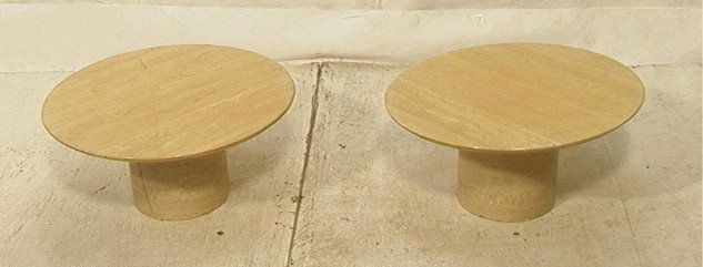 Pr Low Travertine Side Tables. Round beveled top: Pr Low Travertine Side Tables. Round beveled top on cylinder base. 2 pcs-- Dimensions: H: 10.75 inches: W: 23.5 inches: D: 23.5 inches ---