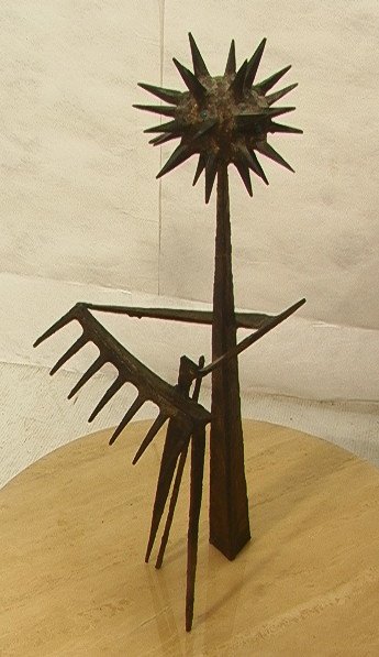 Brutalist Metal Iron Sculpture. Welded Iron Form.: Brutalist Metal Iron Sculpture. Welded Iron Form. Mace top has enameled elements imbedded. -- Dimensions: H: 25 inches: W: 12 inches: D: 6 inches ---