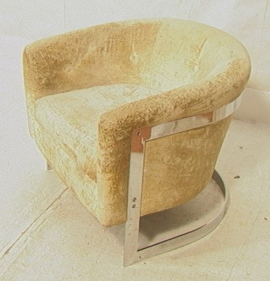 MILO BAUGHMAN Barrel Back Lounge Chair. Cream Uph: MILO BAUGHMAN Barrel Back Lounge Chair. Cream Upholstery. Heavy Solid Construction. SHAWNEE PENN Label.-- Dimensions: H: 26 inches: W: 30 inches: D: 31 inches ---