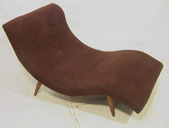 ADRIAN PEARSALL Brown Fabric Chaise Lounge Chair.: ADRIAN PEARSALL Brown Fabric Chaise Lounge Chair. Tapered Walnut Peg Legs. Unmarked.-- Dimensions: H: 30 inches: D: 37 inches: L: 55 inches ---