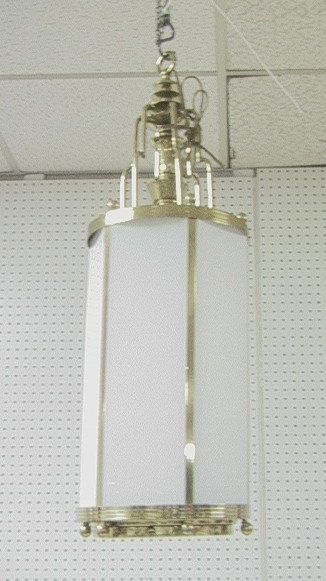 Brass Glass Vintage Chandelier Hanging Light. Six: Brass Glass Vintage Chandelier Hanging Light. Six Sided Chandelier with White Glass Panels. Brass Ball Accents. -- Dimensions: H: 32 inches: W: 10 inches: D: 10 inches ---