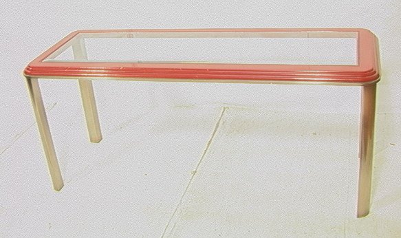 DIA Art Deco Chrome Red Console Hall Table. Bevel: DIA Art Deco Chrome Red Console Hall Table. Beveled Glass. Design Institute of America metal label.-- Dimensions: H: 27 inches: D: 24 inches: L: 64 inches ---