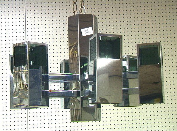 GAETANO SCIOLARI Chrome Chandelier. Six Double Ar: GAETANO SCIOLARI Chrome Chandelier. Six Double Arms. Smoked glass panels. -- Dimensions: H: 15 inches: W: 22 inches: D: 22 inches ---