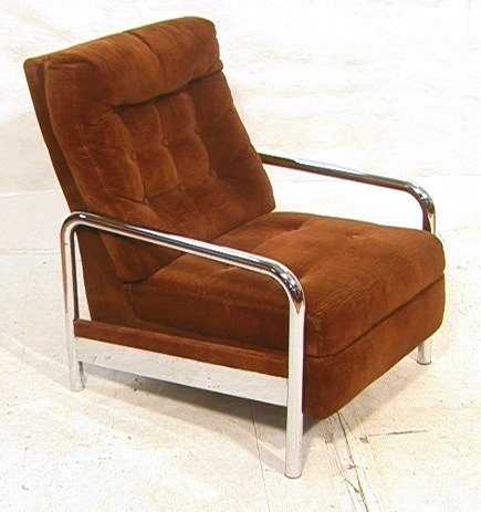 Baughman style Chrome Tube Frame Recliner. Brown: Baughman style Chrome Tube Frame Recliner. Brown tufted upholstery. Heavy construction. -- Dimensions: H: 36 inches: W: 26.5 inches: D: 40 inches ---