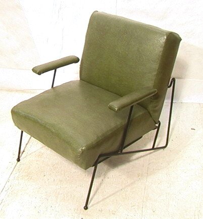 ARTHUR UMANOFF style Hairpin Leg Lounge Arm Chair: ARTHUR UMANOFF style Hairpin Leg Lounge Arm Chair. Green Vinyl Upholstered Seat and Arms. Neat design Black Painted Metal Frame.-- Dimensions: H: 31 inches: W: 27 inches: D: 30 inches ---
