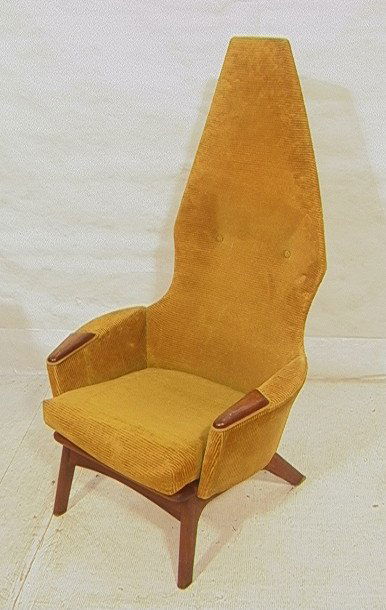 ADRIAN PEARSALL Tall Back Upholstered Lounge Chai: ADRIAN PEARSALL Tall Back Upholstered Lounge Chair. American Modern Walnut Leg Base. Gold Corduroy Upholstery. Wood arms. -- Dimensions: H: 55 inches: W: 30 inches: D: 27 inches ---