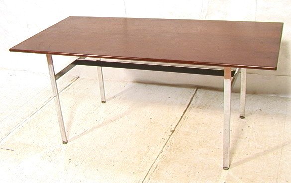 Chrome and Wood Library Dining Table. Flat Chrome: Chrome and Wood Library Dining Table. Flat Chrome Legs with wood top. Ebonized resin stretcher. Baughman style. -- Dimensions: H: 29.5 inches: W: 67 inches: D: 31.5 inches ---