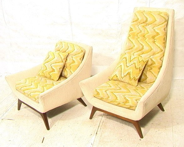 ADRIAN PEARSALL His & Hers Lounge Chairs. America: ADRIAN PEARSALL His & Hers Lounge Chairs. American Modern chairs with walnut bases. Cream upholstery with contrasting bargello cushions. 2 pcs. Unmarked.-- Dimensions: H: 44 inches: W: 31 inches: D: 3