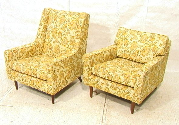 Pr Mr & Mrs Lounge Chairs. Milo Baughman style. G: Pr Mr & Mrs Lounge Chairs. Milo Baughman style. Gold & olive floral upholstery. Squared arms. Wood peg legs. Unmarked. 2 pcs. -- Dimensions: H: 37 inches: W: 29 inches: D: 32 inches ---