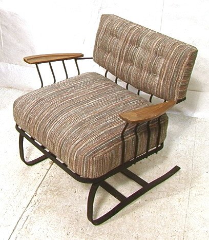 ARTHUR UMANOFF Style Spring Lounge Chair. Metal F: ARTHUR UMANOFF Style Spring Lounge Chair. Metal Frame with maple arms. Striped upholstery. Unmarked.-- Dimensions: H: 30 inches: W: 31.25 inches: D: 28 inches ---