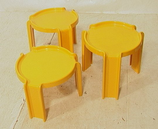 Set Three KARTELL Yellow Stacking Tables. Milano.: Set Three KARTELL Yellow Stacking Tables. Milano. Marked: Kartell: GIOTTO STOPPINO. 3 pcs-- Dimensions: H: 13.5 inches: W: 19 inches: D: 18 inches ---