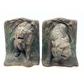 Bradley and Hubbard Cold Painted Bookends. Figural lions design. (1 of 12)