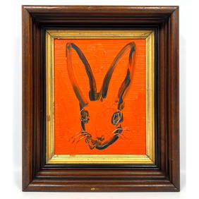 HUNT SLONEM Minimalist Modernist Bunny Painting. Signed on reverse of wood panel. (1 of 7)