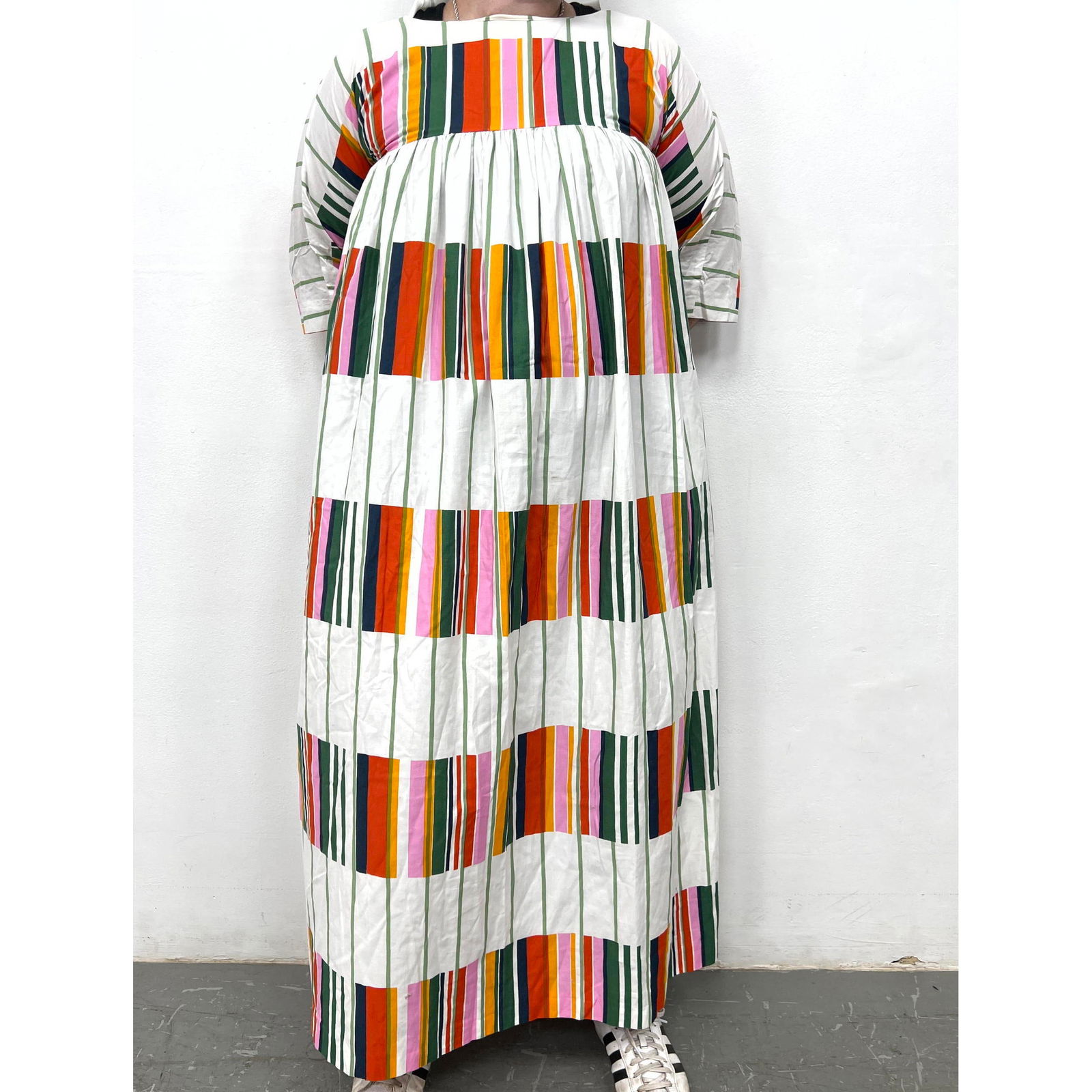 MARIMEKKO Colorful Banded Striped Dress. Finland. Cotton. Size Medium. Label.: MARIMEKKO Colorful Banded Striped Dress. Finland. Cotton. Size Medium. Label. Dimensions: Height: 55 inches, Width: 44 inches. --- US Packing and Shipping charge: $35 Plus required insurance at a rate
