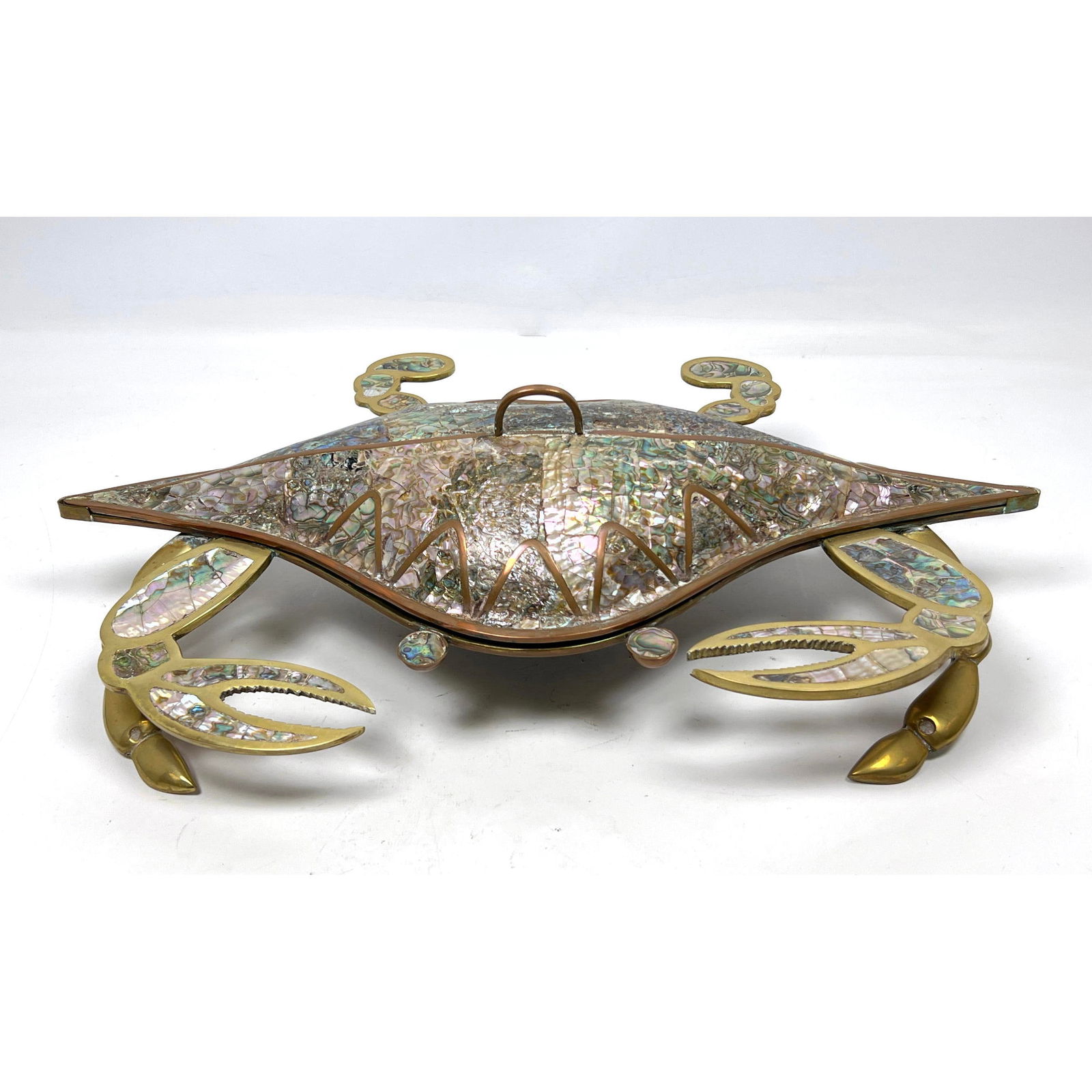 Very Large Mixed Metal Abalone Crab Box w Lid. Mexican. Heavy Brass and Copper Figural form with aba (1 of 11)