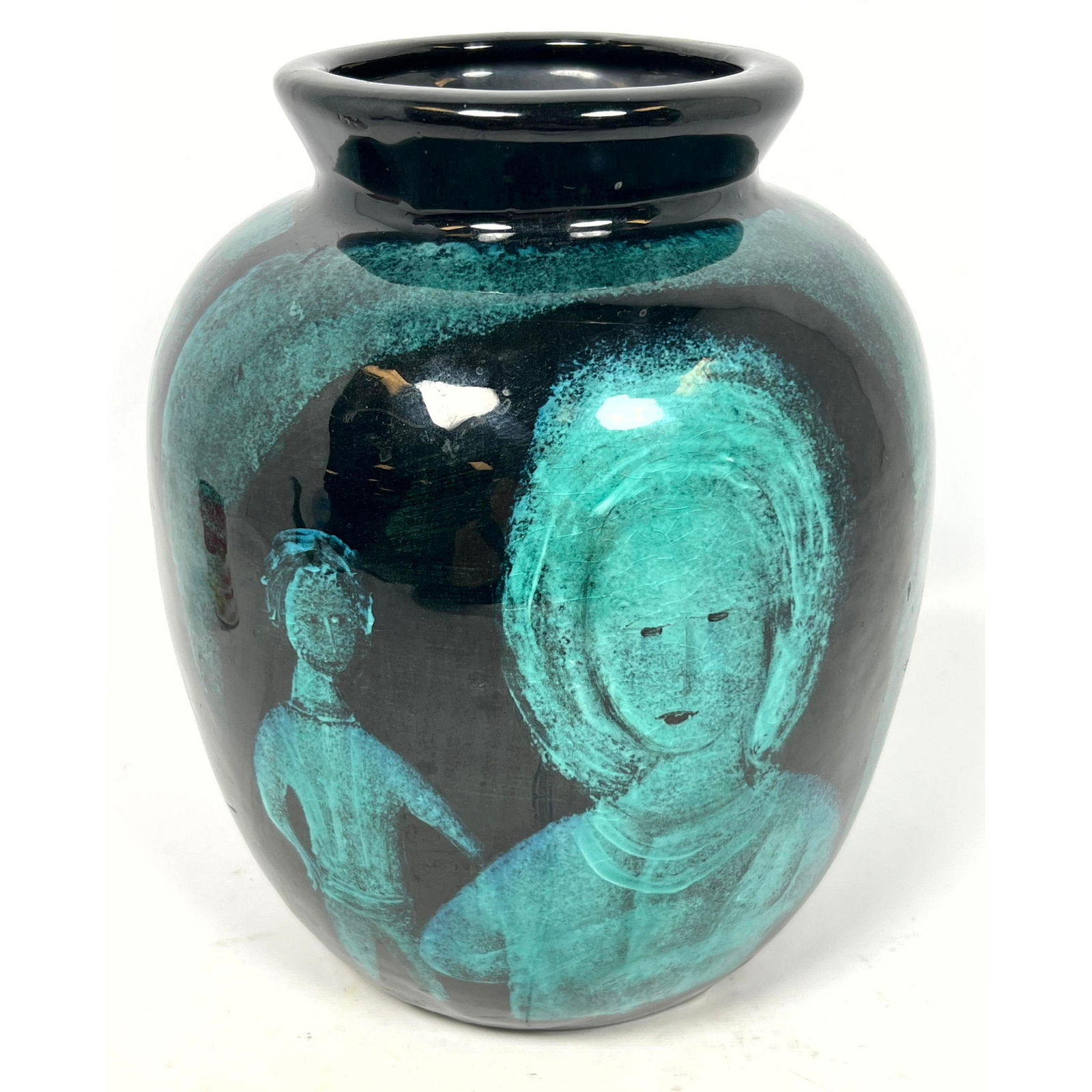 10inch Polia Pillin Glazed Ceramic Vase with Depictions of women. Uncommon dark green glaze. (1 of 10)