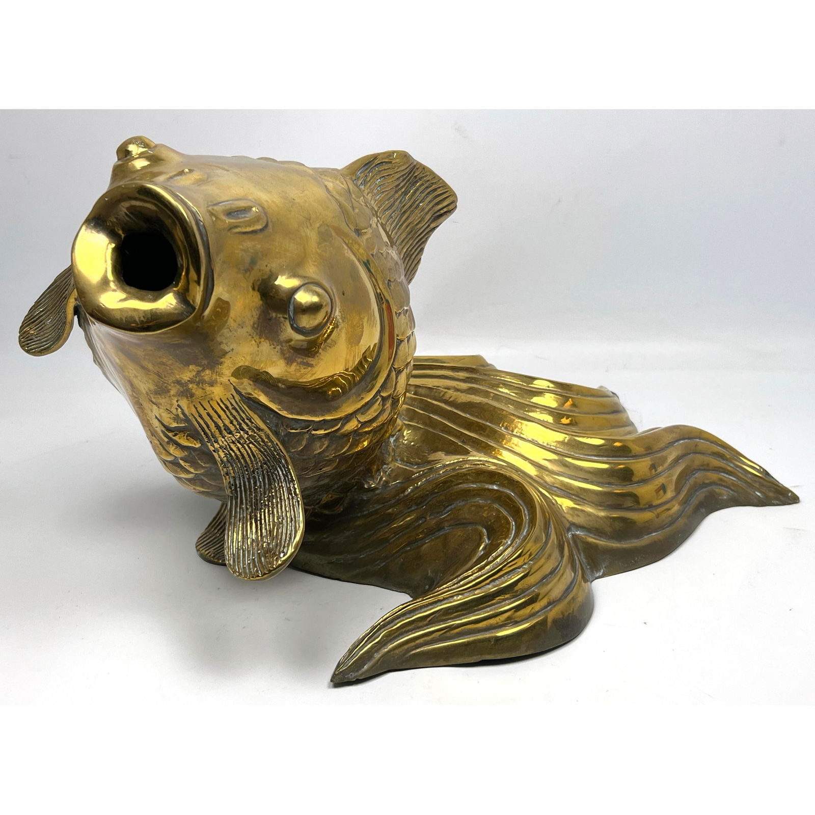 Large Brass Figural Koi Carp Fish Sculpture. Fancy Tail Fish. Large Decorative; Has weight. Could be (1 of 10)