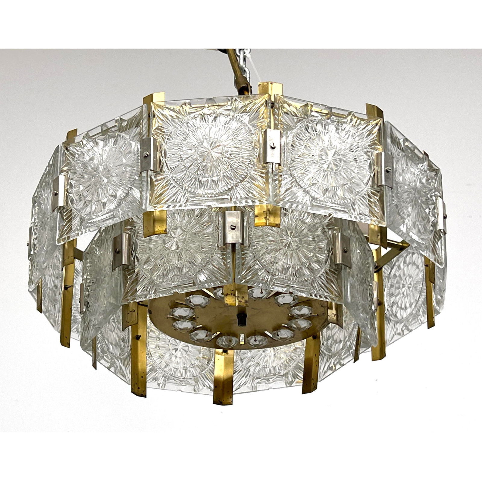 Mid-century glass and brass chandelier by Kamenicky Senov: Mid-century glass and brass chandelier by Kamenicky Senov Dimensions: Height: 8 inches, Width: 17.5 inches, Depth: 17.5 inches. --- US Packing and Shipping charge: In house shipping available. Will be