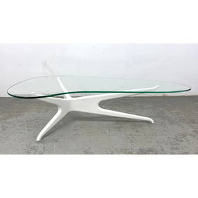Mid Century Modern Vladimir Kagan Attributed Coffee Cocktail Table. Wood base painted white. Shaped (1 of 11)