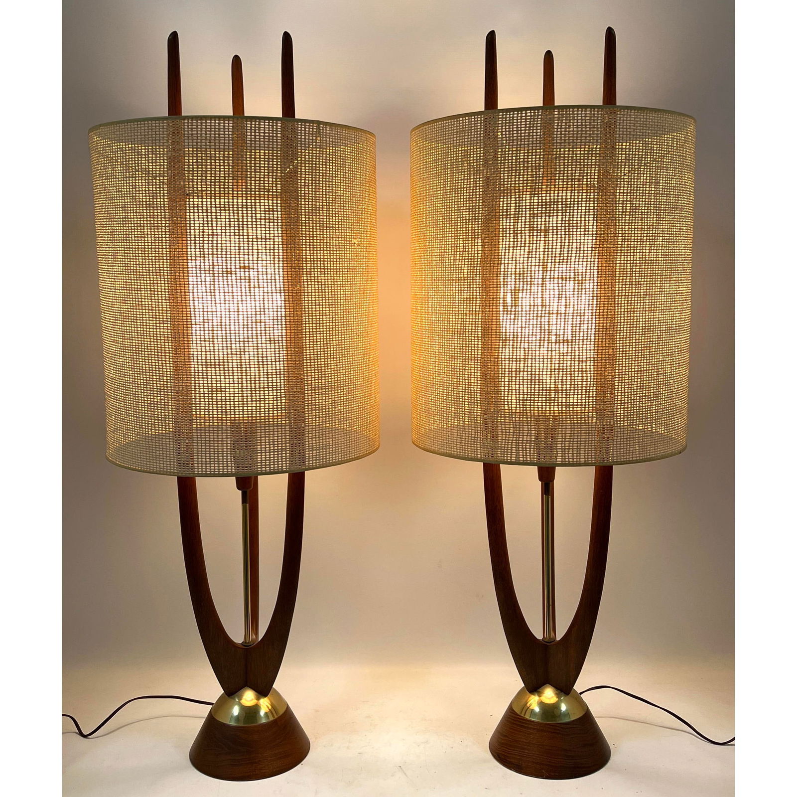 Pr American Modern Walnut Tall Table Lamps. Each has domed walnut and brass base supporting three wa (1 of 18)