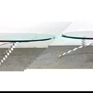 Pierluigi Giordani Coffee Table Base with Thick Oval Glass Top.: Pierluigi Giordani Coffee Table Base with Thick Oval Glass Top. Dimensions: Height: 18.5 inches, Width: 59.5 inches, Depth: 30 inches. - Additional Dimensions: Base H: 17.5 inches, W: 38 inches, D: 19