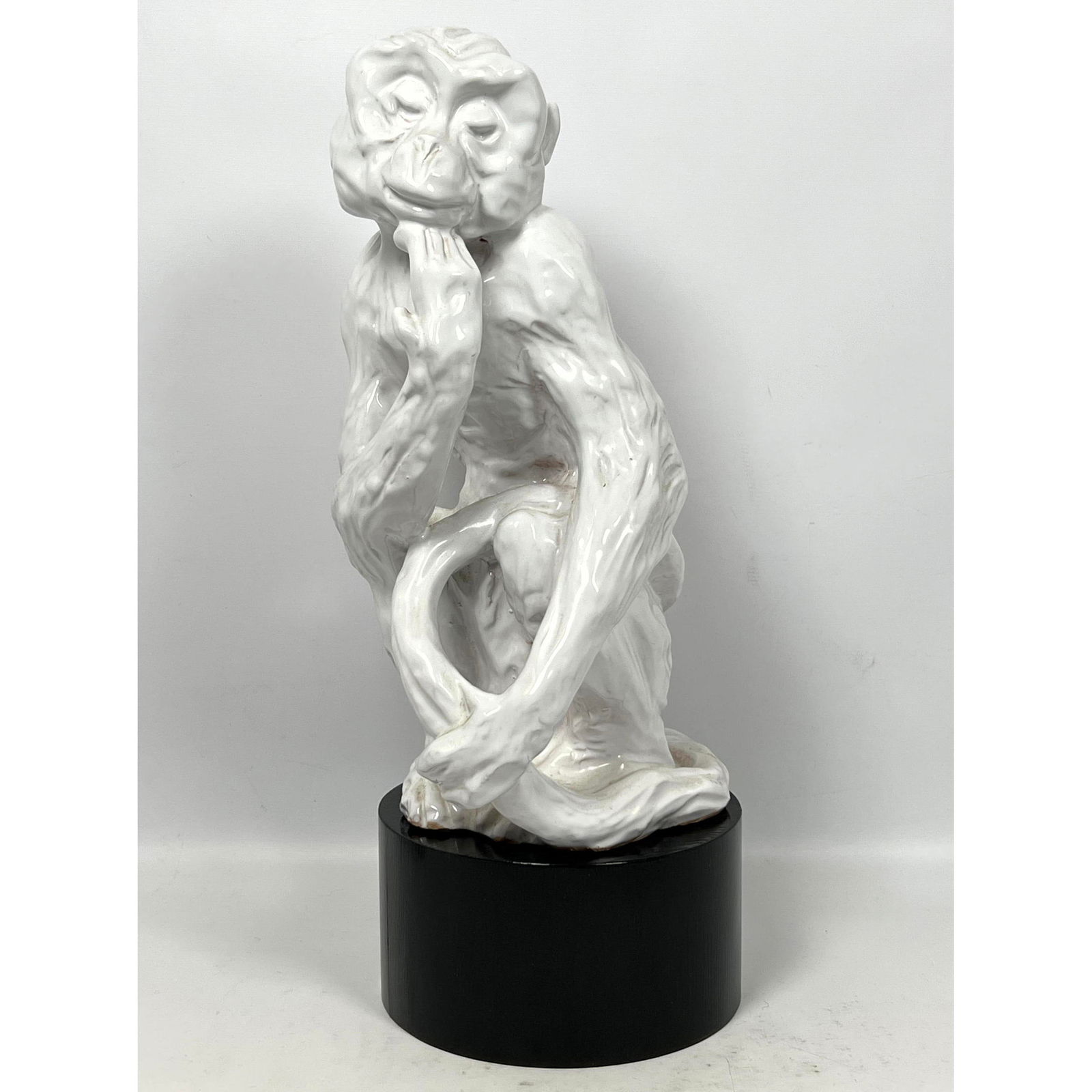 Italian White Glazed Ceramic Monkey on Black Lacquer Wood Plinth Base. Bugatti Style (1 of 13)