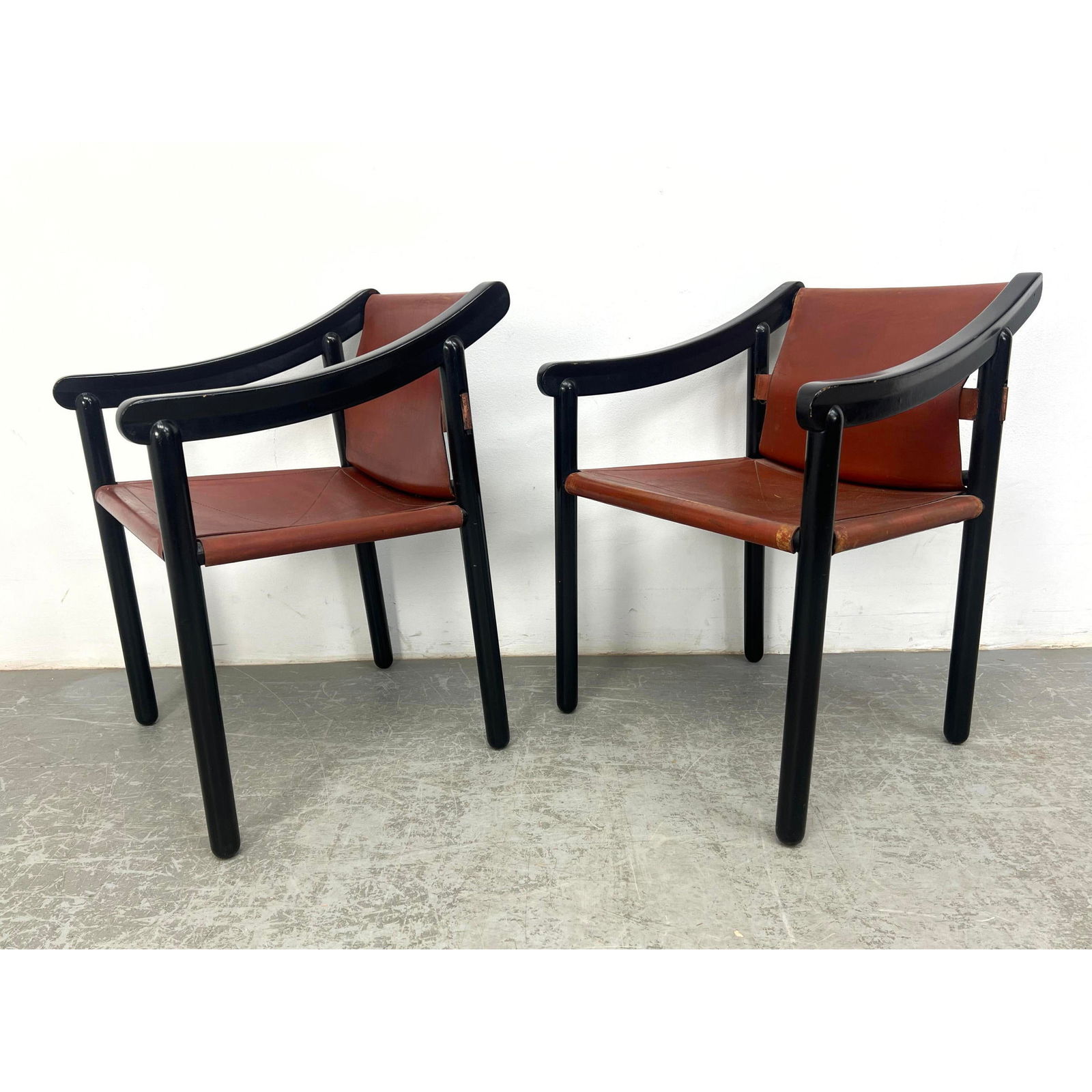 Pr CASSINA Model 905 Arm Chairs. VICO MAGISTRETTI, Designer. Dark Stained Frames with Leather Seat a (1 of 16)