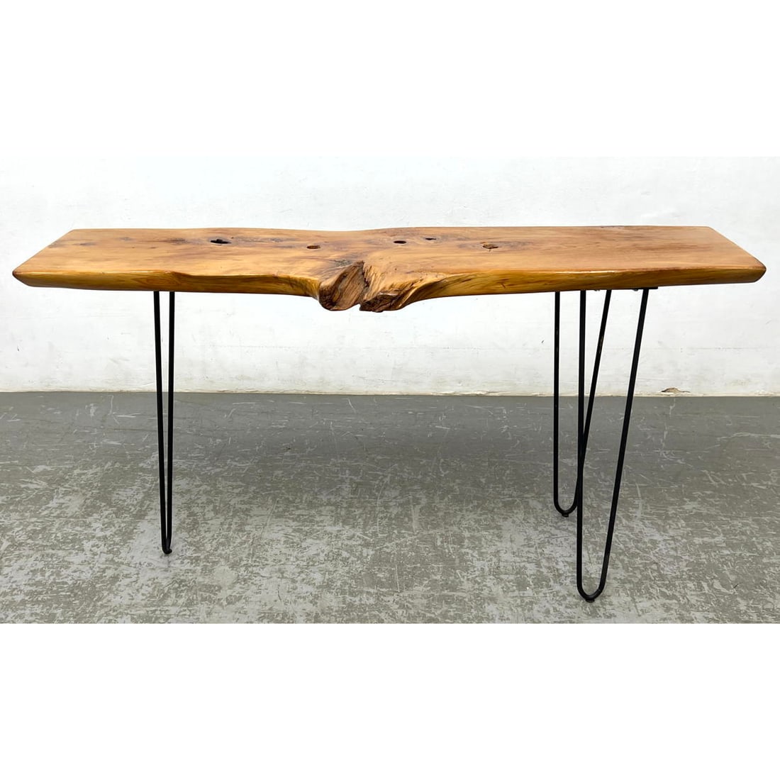 Live Edge Natural Wood Slab Hall Console Table. Three Modernist Iron Hairpin Legs.: Live Edge Natural Wood Slab Hall Console Table. Three Modernist Iron Hairpin Legs. Dimensions: Height: 26 inches, Width: 50 inches, Depth: 15.5 inches. --- Shipping & Delivery Notice - Don?t bid less