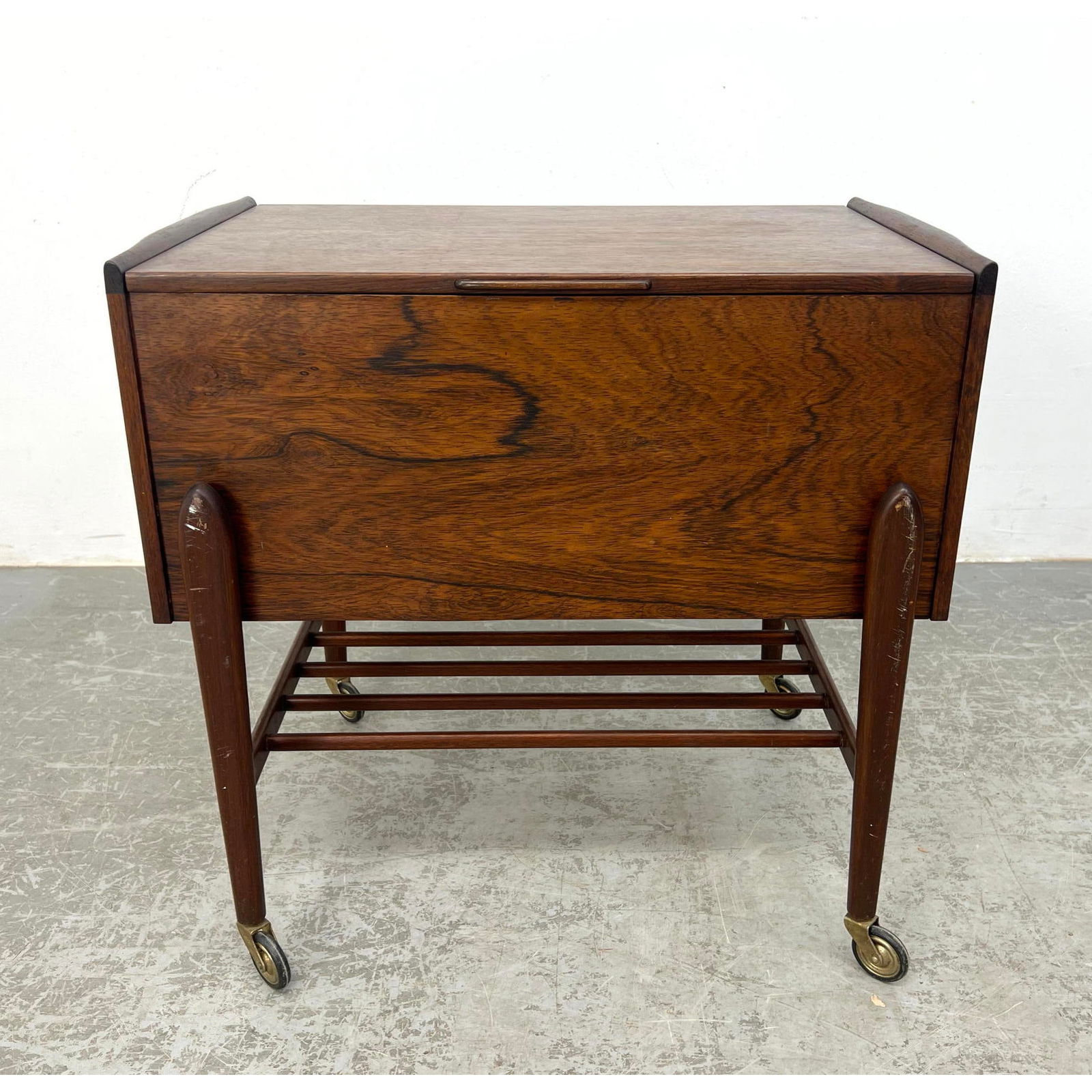 MCM Rosewood Storage Cabinet Organizer. Hinged Lift Up Top. Bullet style Legs Protrude out from cabi (1 of 11)