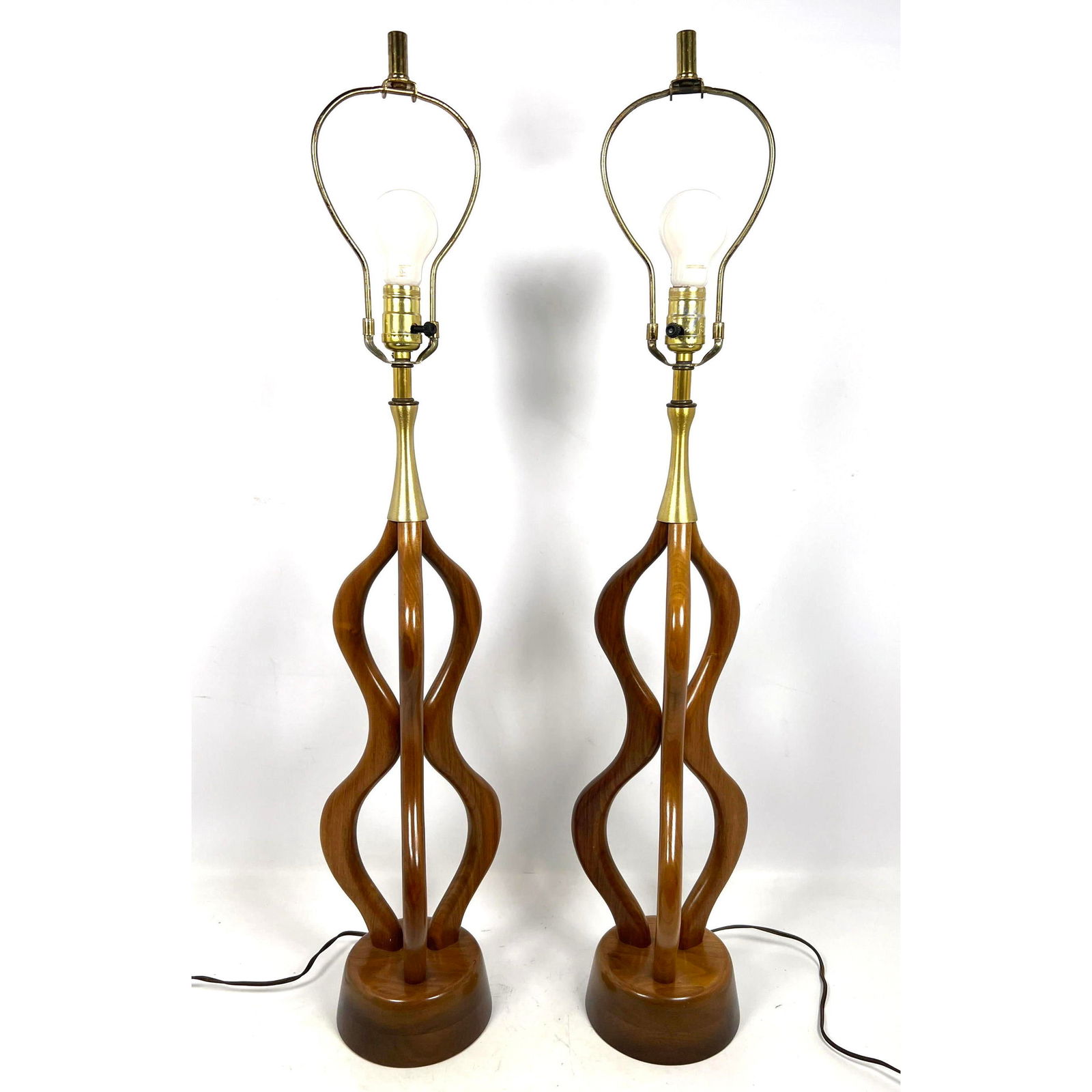 Pair Mid Century Modern Walnut Table Lamps. Wave design. Woolums MFG Co. Modline style. (1 of 11)