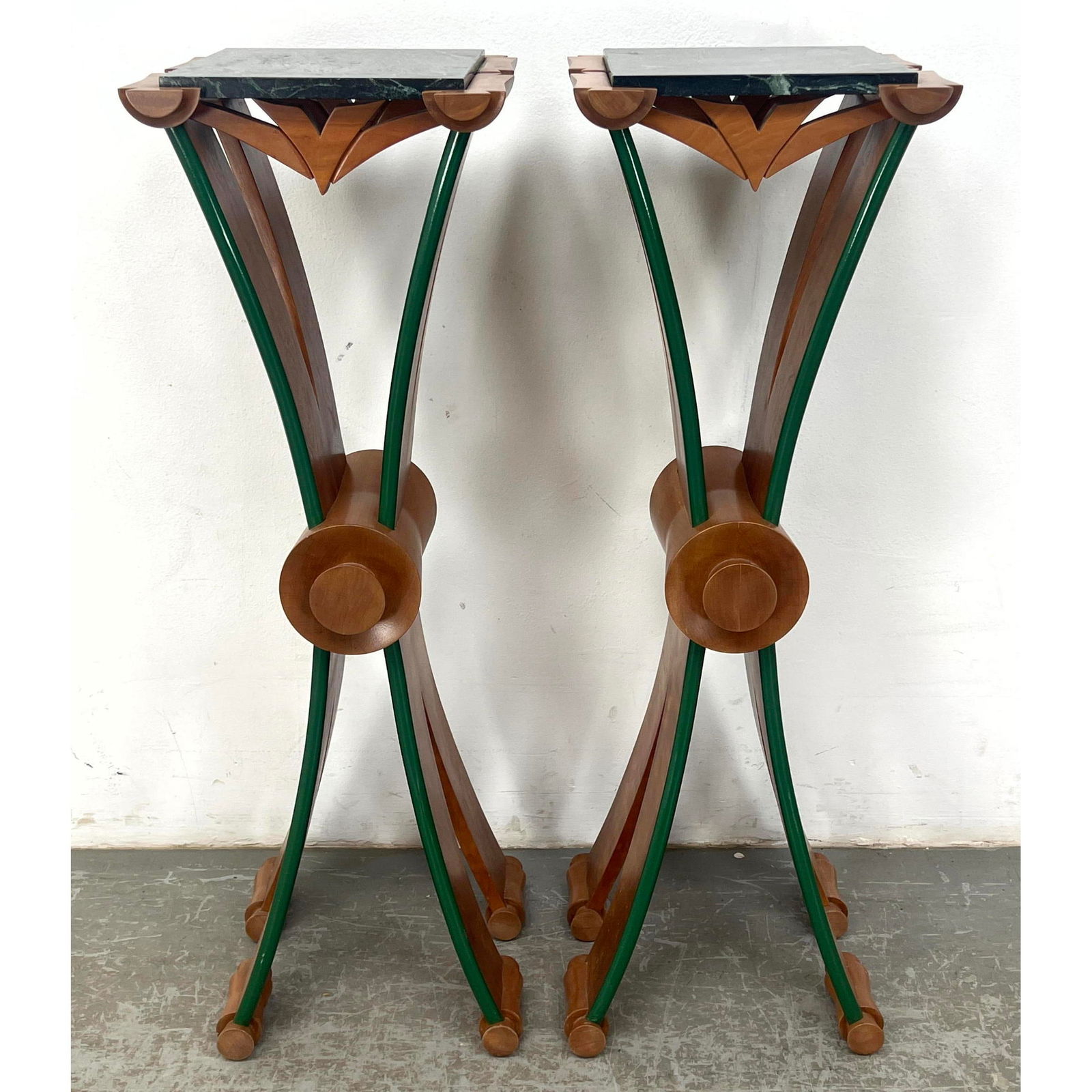 Pair Decorator Pedestal Fern Stand Tables. Studio Woodworker Jon Benson 1994. Marble Tops. (1 of 16)